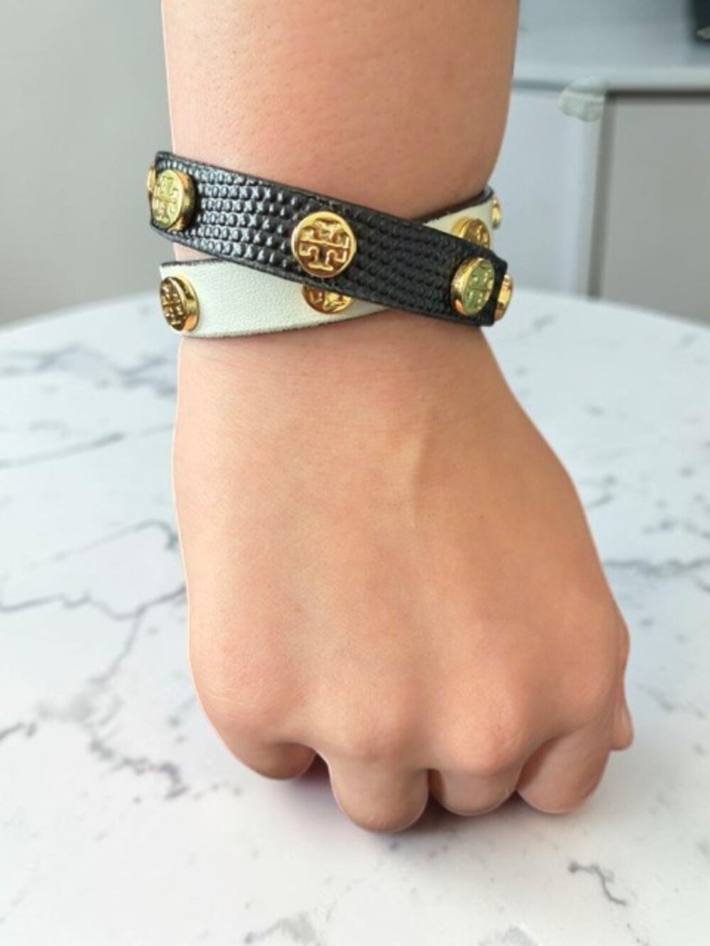 Tory Burch Double Wrap Logo Leather Bracelet Black & Gold